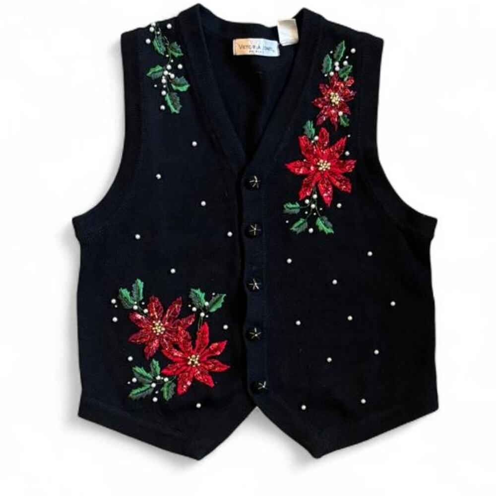 90s Vintage Fitted Black Christmas Sweater Vest – Poinsettia Beaded Petite M